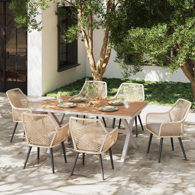 Outdoor 6-person Dining Set With Cushions, Beige Cushion/Beige Frame