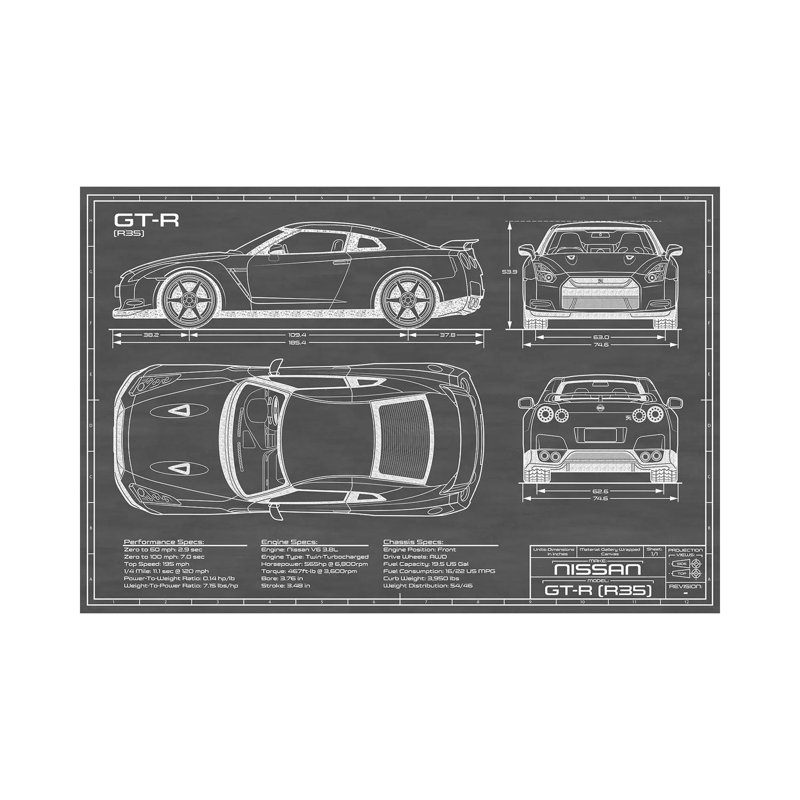 Ligne d'horizon de la NISSAN GT-R (R35) | «Black» par Action Blueprints, impression sur toile tendue