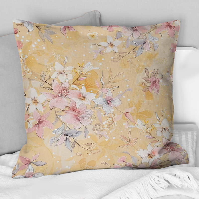 Coussin boho jaune et orange pastel Paradise Flowers V, Carrée, H 18 po x l 18 po