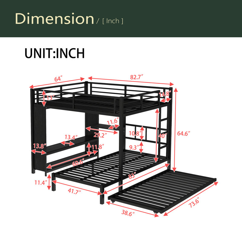 Lit superposé avec garde-robe intégré, lit superposé en métal avec lit gigogne, bureau pliable, échelles, conception à bruit réduit
