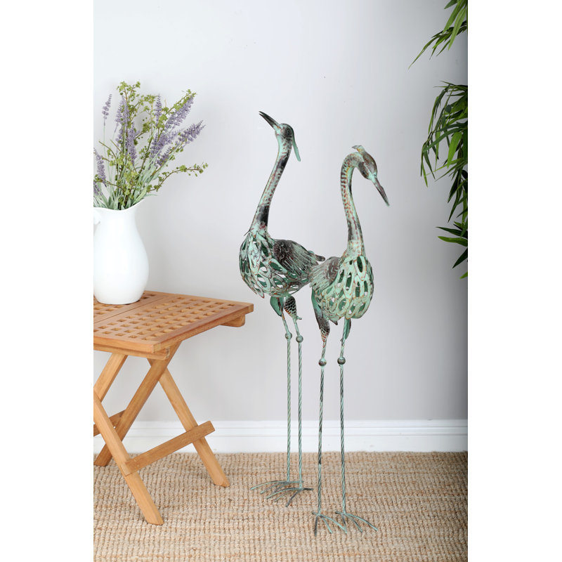 Shunk Metal Indoor Outdoor Crane Decorative Green Garden Sculpture Set