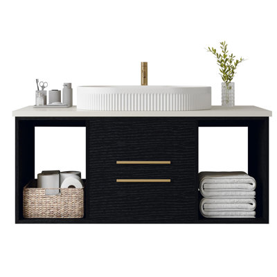 Modern 39.4 Wall-Mounted Bathroom Vanity with Oval Ceramic Sink Floating Vanity Multi-Layer Solid Wood Cabinet Soft-Close Drawers Open Shelf Storage