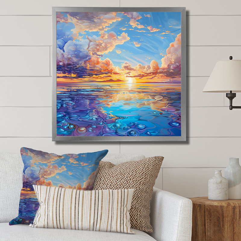 Bleu sarcelle, charme des nuages - impression, Cadre simple argenté, H 24 po x l 24 po x P 1 po