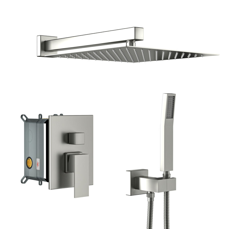Dual Shower Head  10 Inch Wall Mounted Square Shower System With Roughin Valve, Brushed Nickel, Brushed Nickel