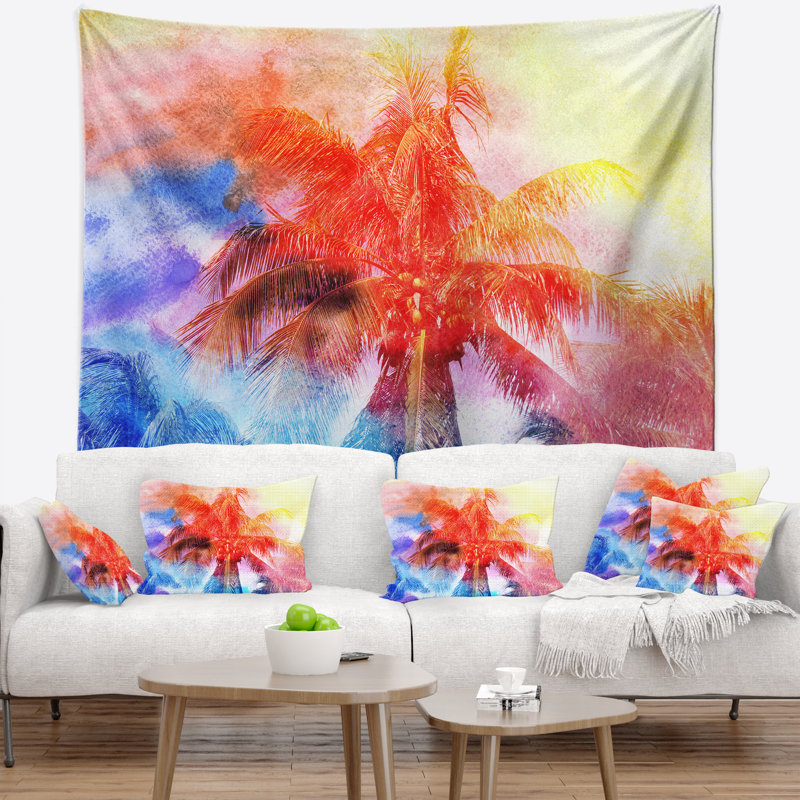 Tapisserie rouge avec arbres et palmiers rétro, H 50 po x l 60 po