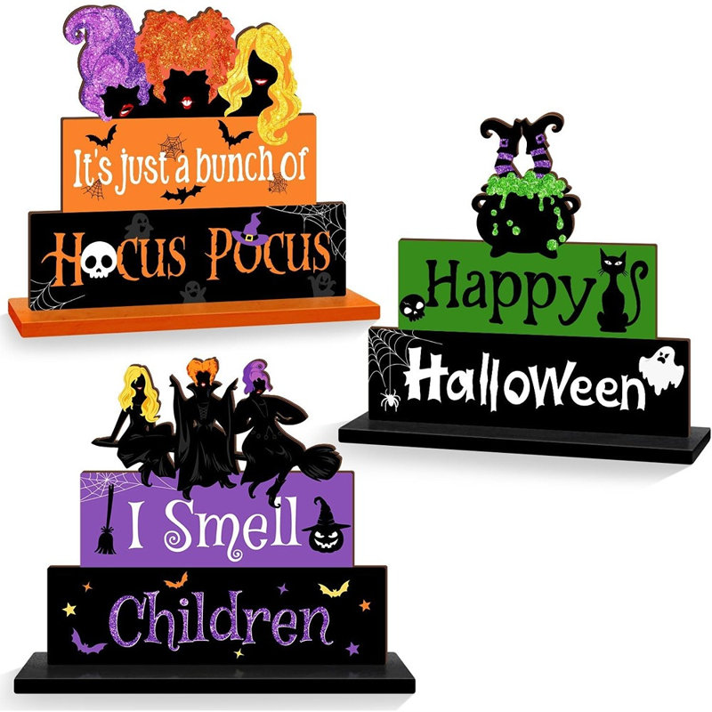 Ensemble de 3 panneaux de table en bois Hocus Pocus pour l'Halloween – Décoration autoportante sur le thème des sorcières pour la maison et les fêtes