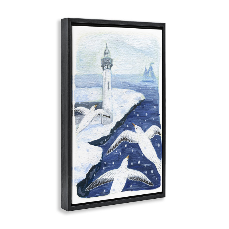 Cadre flottant Snowy Winter Harbor Birds, design par Hannah Moren, Cadre flottant noir de jais, H 25 po x l 17 po