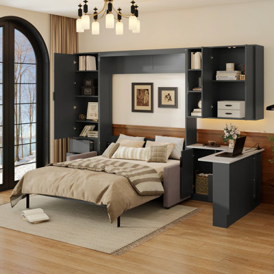 Wall Murphy Bed With Hydraulic Storage, Sofa, Shelves & Drawers, LED/USB Lighting, Sofa
