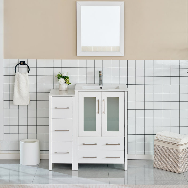 Brescia 36" Single Sink Freestanding Bathroom Vanity with Ceramic Top and Matching Mirror, White