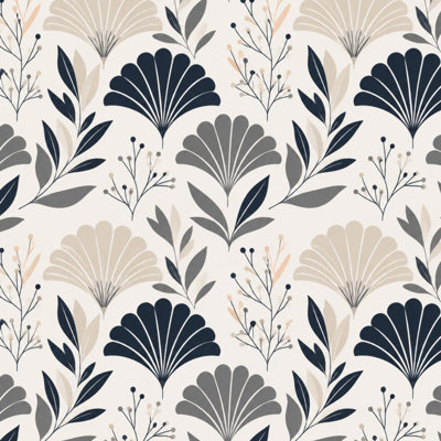 Papier peint auto-adhésif à motif de feuilles à motif floral en forme d'éventail beige et bleu marine