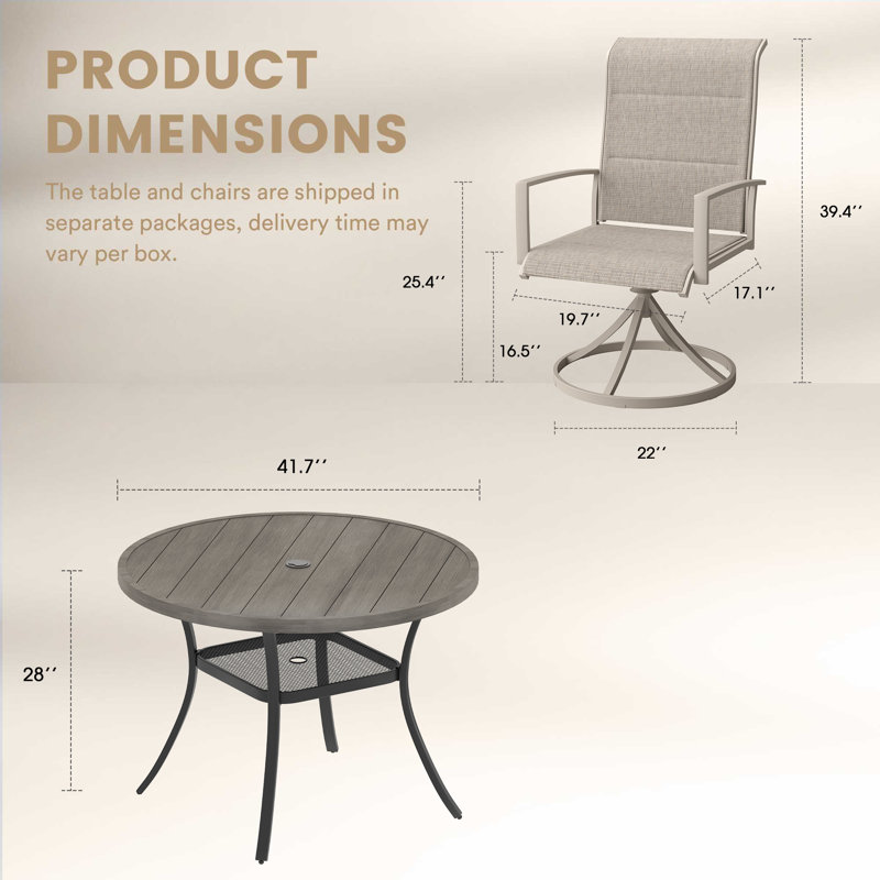 4-Person Outdoor Patio Dining Set With Swivel Padded Chairs, Cream/Gray Woodlike