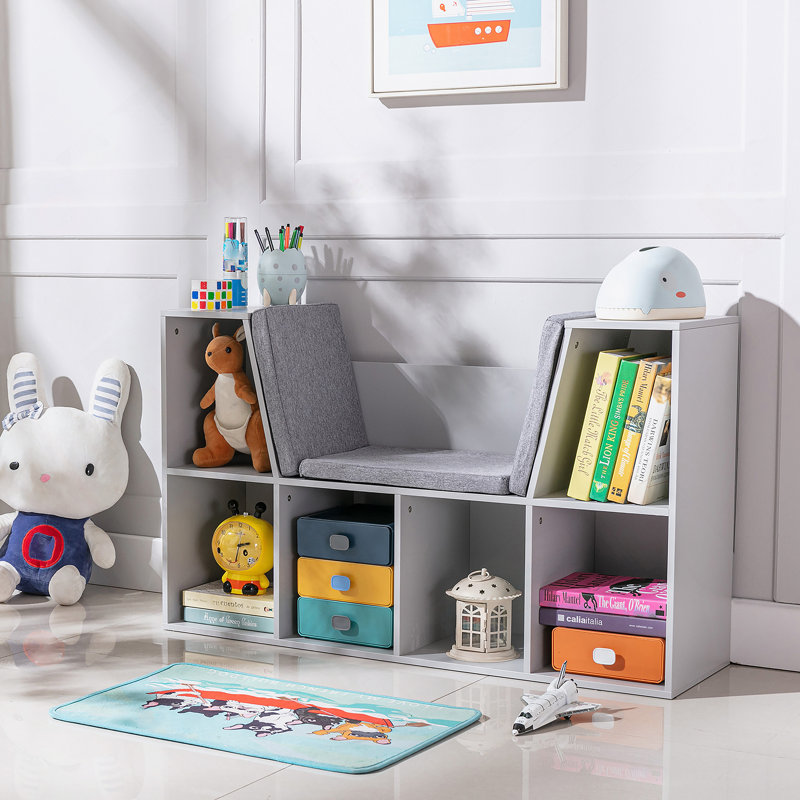 Bibliothèque pour 6 enfants avec coin lecture et coussin, rangement polyvalent pour chambre à coucher, Gris