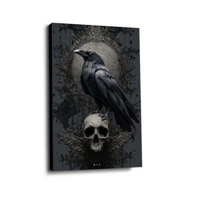 Gothic “Crow on Skull” Dark Art Canvas Wall Art Stretched Frame for Eclectic Studio