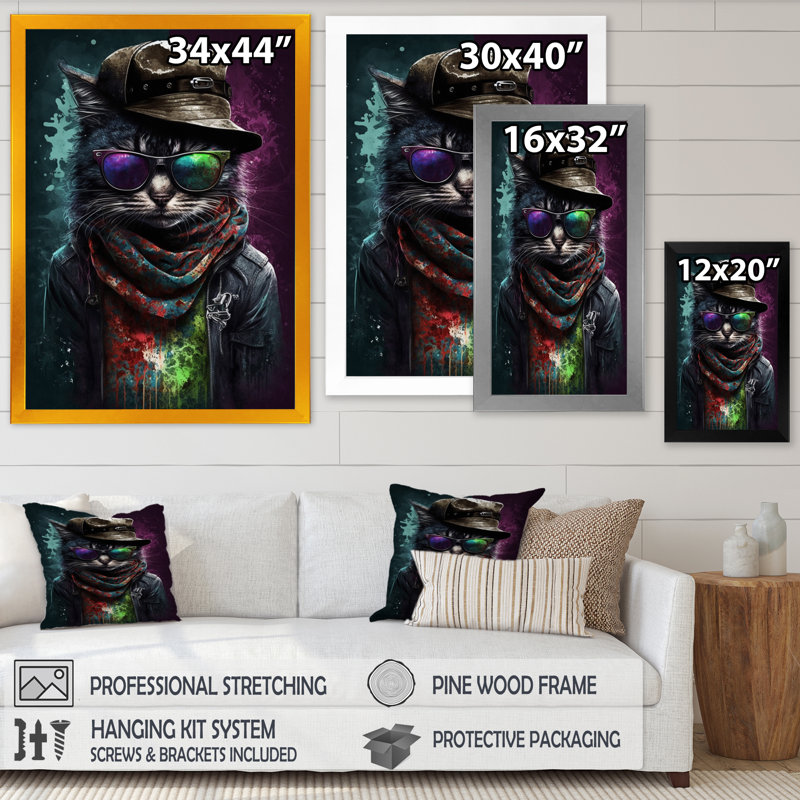 Art mural sur toile Cool Cat avec lunettes de soleil et chapeau II, L 24 po x H 32 po, Impression noire sur toile encadrée