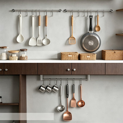 Ensemble de 2 supports à casseroles muraux 15,6 po en acier inoxydable avec 7 crochets coulissants pour ustensiles et tasses