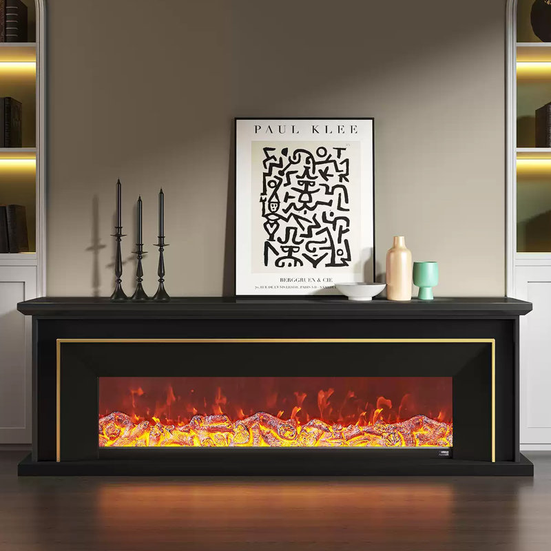 Black Solid Wood Freestanding TV Cabinet Fireplace, 23.62" H x 12.6" W x 70.87" D