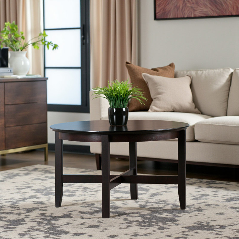 Rachel Espresso Finish Round Coffee Table With X-Cross Legs, 17.9" H X 29.85" W X 29.85" D