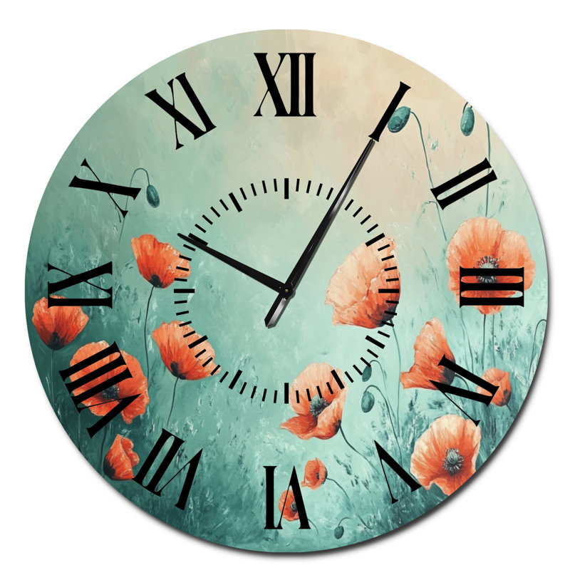 Grande horloge murale sarcelle Meadow of Poppies, Surdimensionné