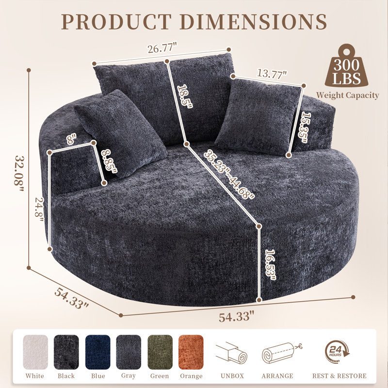 Oversized Upholstered Barrel Accent Swivel Chair– 55" Waffle Chenille, Compression, Gray