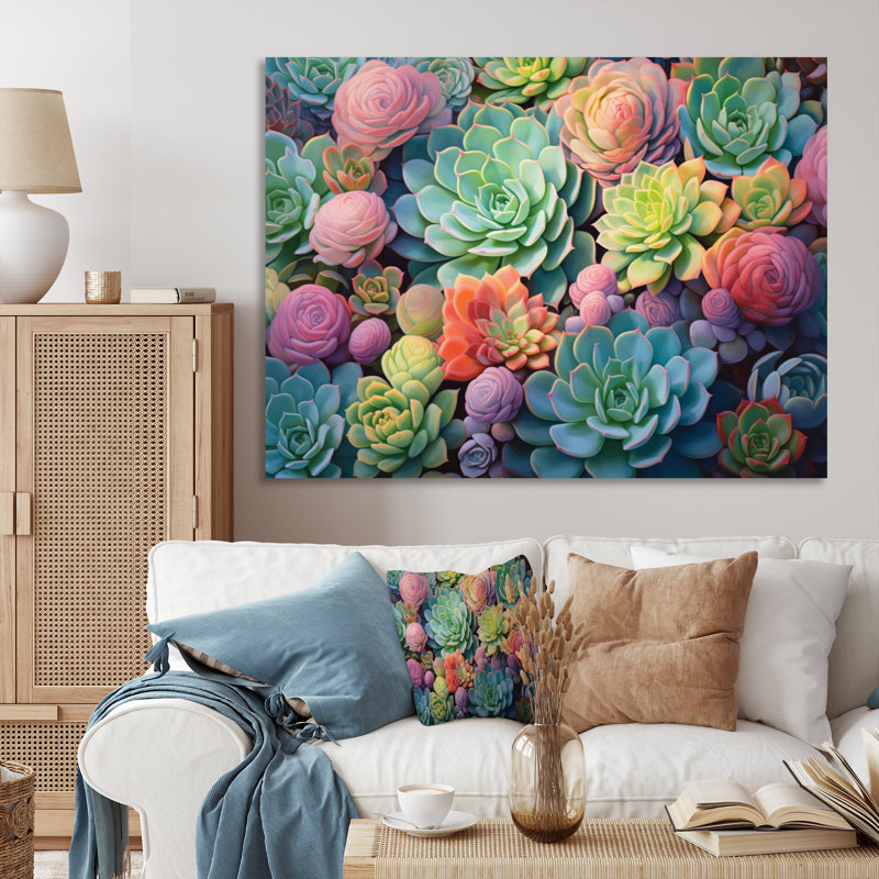 Vert, bleu, plantes grasses, succulentes, rêves II, H 16 po x l 32 po x P 1 po, Toile tendue