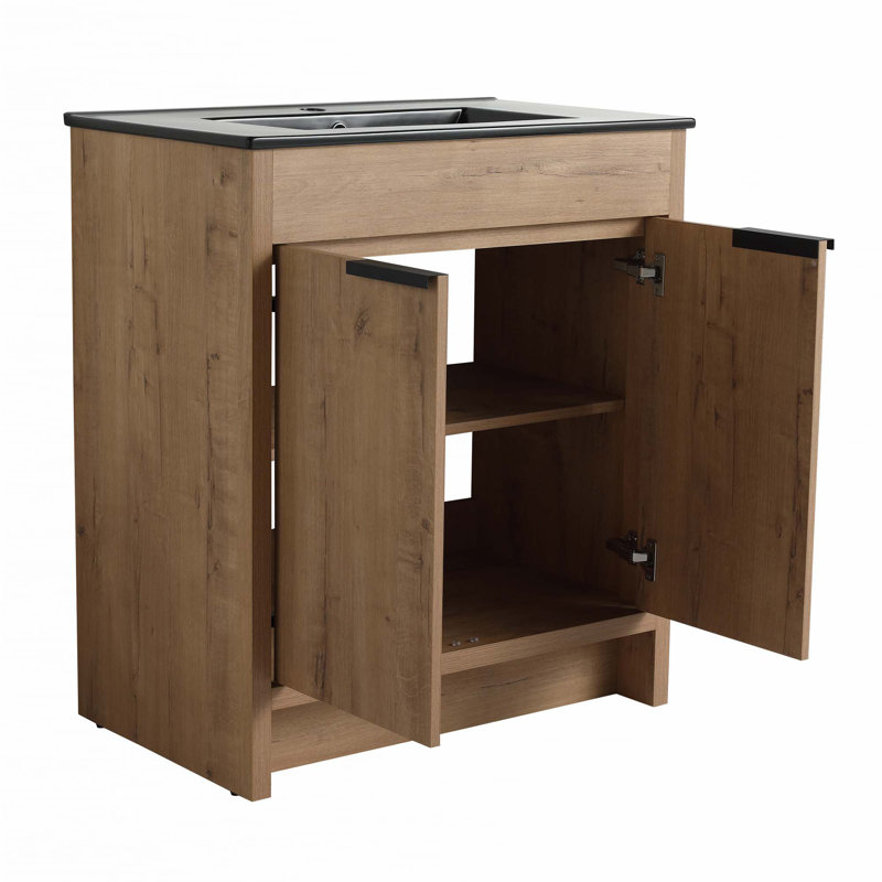 Meuble-lavabo autoportant avec lavabo en céramique, 30", Chêne, Noir