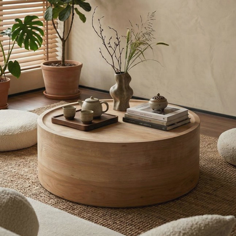 Table basse ronde de 31,5 po avec grain de bois naturel pour le salon, table basse à tambour rond pour le salon, sans assemblage