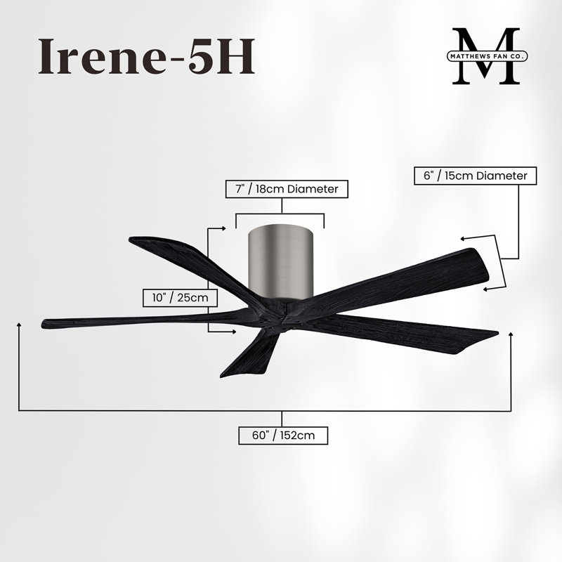 60" Irene 5-Blade Hugger Ceiling Fan with Wall Remote, 60", Brushed Pewter, Matte Black