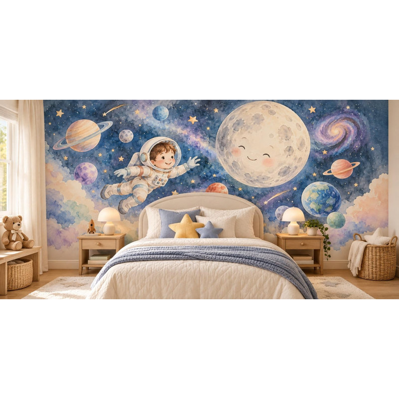 Astronaut and Moon Wallpaper Mural, Peel and Stick Kids Room Wall Mural, Watercolor Space Nursery Wallpaper, 254 x 203 cm