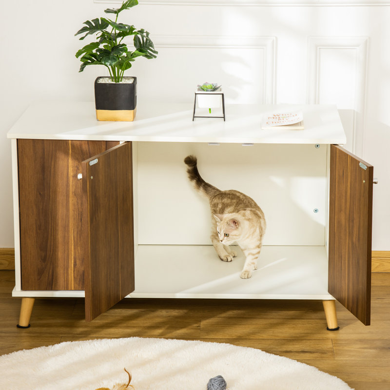 White and Walnut Wood Cat Litter Box Enclosure Cabinet