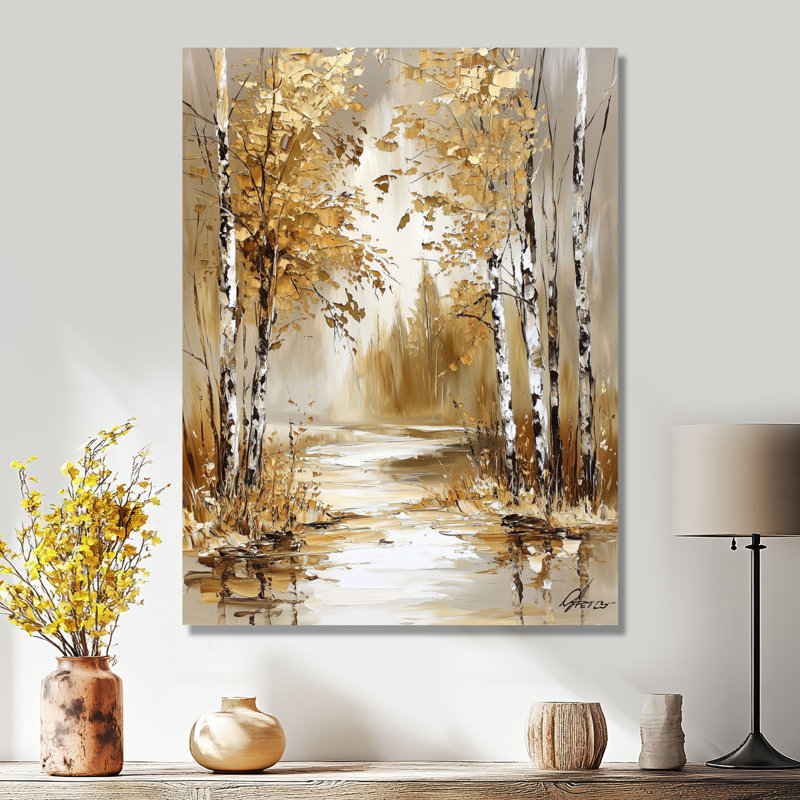 Bouleaux d'automne au bord de la rivière II - décor floral en métal, impression de bouleau, H 32 po x l 16 po