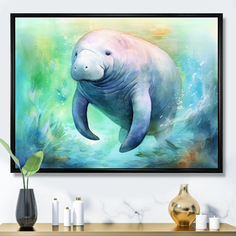 Gentle Manatee I - Art mural lamantin, Cadre flottant noir, H 34 po x l 44 po x P 1,5 po