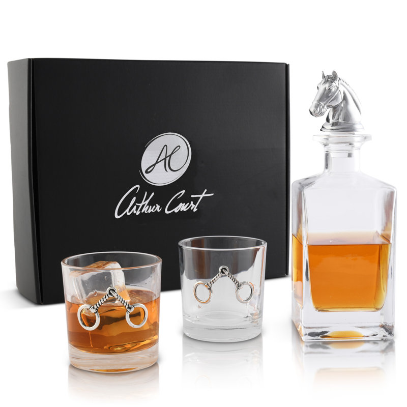 Equestrian Glass Whiskey Decanter with Pair of Bit Double Old Fashion Glasses