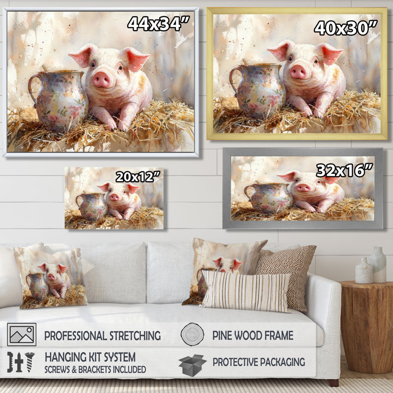 «Milk and Pig Portrait At The Farm I», reproduction sur toile encadrée, H 24 po x l 32 po, Cadre flottant doré