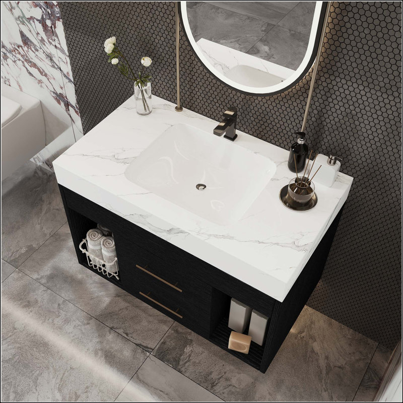 Meuble-lavabo mural 29,9 po avec plateau en pierre frittée