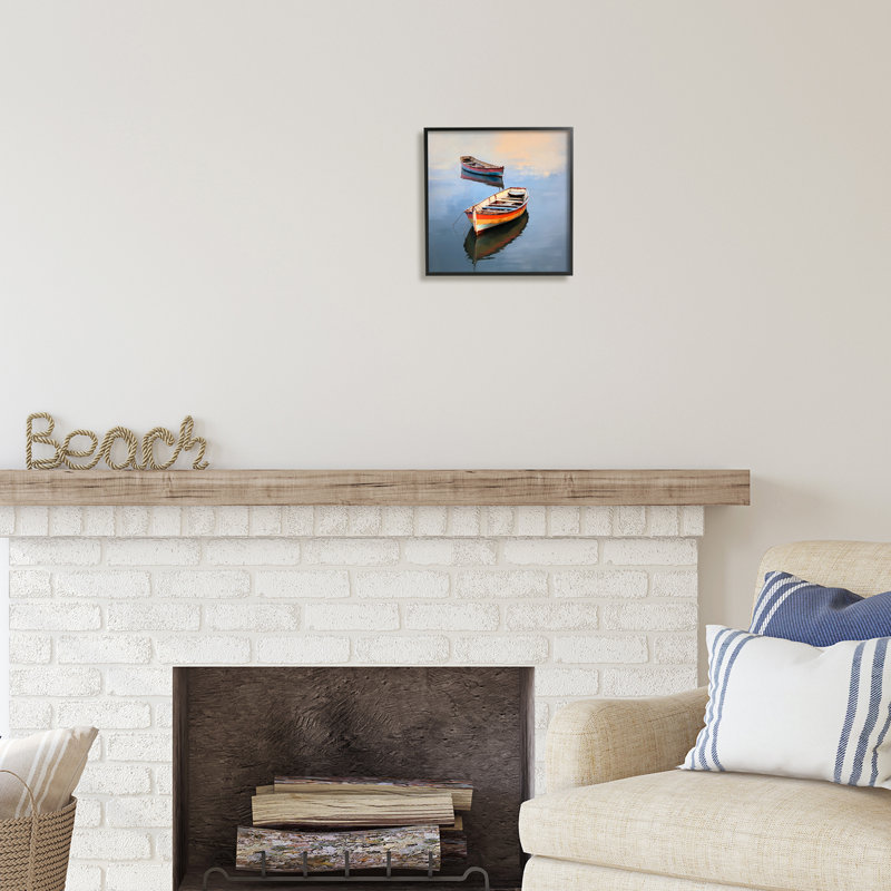 Ba-054 - Bateaux rayés encadrés dans un lac, Giclée encadrée noir minuit, H 12 po x l 12 po x P 1,5 po