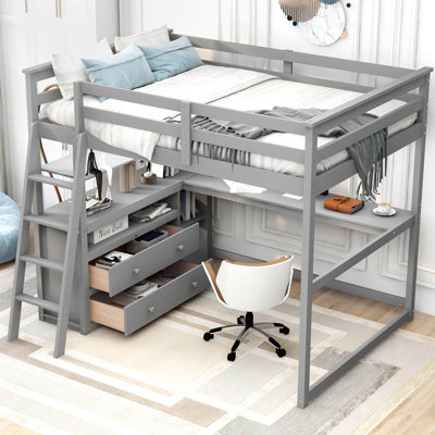 Lit mezzanine double en bois avec bureau et 2 tiroirs Hadi