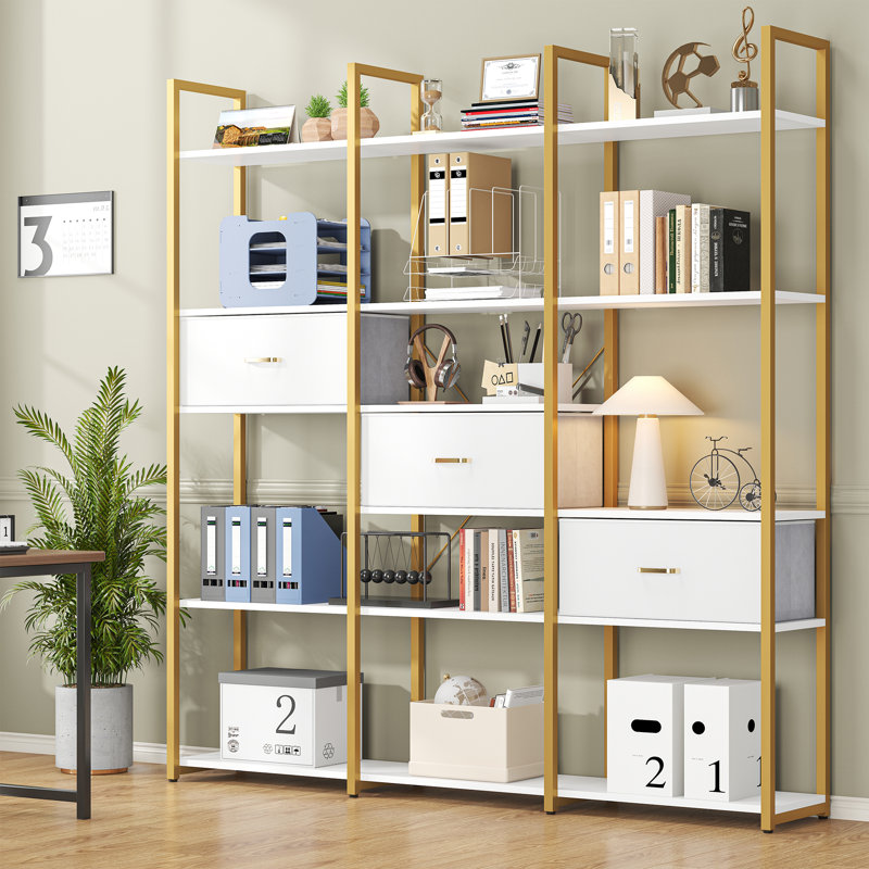 Bookcases And Bookshelves Triple Wide 6 Tiers Industrial Bookshelf, Large Etagere Bookshelf Open Display Shelves With Metal Frame And Adjustable Drawer For Living Room Bedroom Home Office