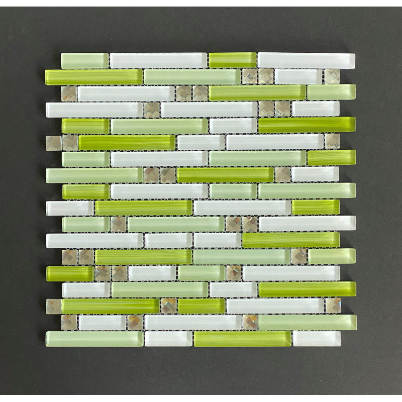 Random Sized Glass Linear Mosaic Wall Tile, Green/White