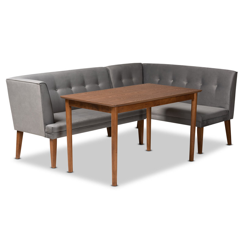 Frahm Mid-Century Modern Grey Velvet Upholstered And Walnut Brown Finished Wood 3-Piece Dining Nook Set