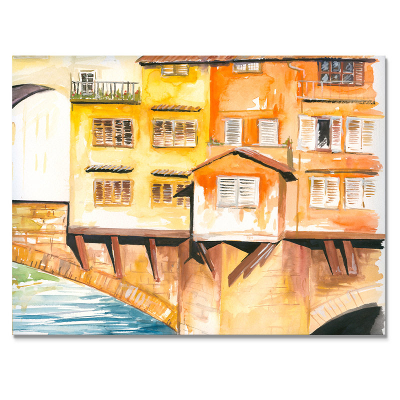 Petite maison sur le pont - peinture sur toile, H 24 po x l 32 po, Toile tendue