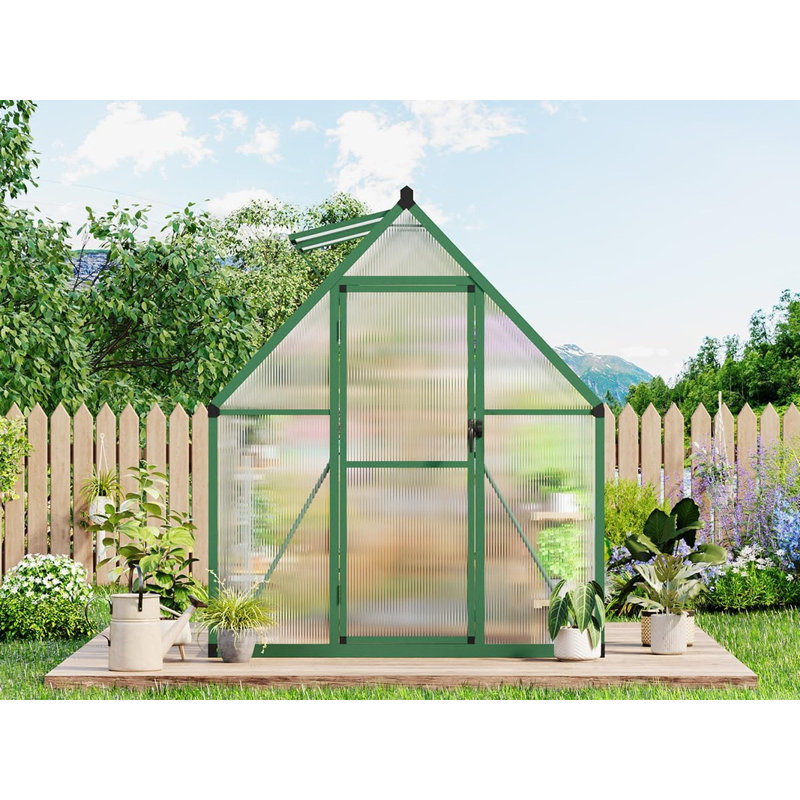 Aluminum Frame Polycarbonate Greenhouse with Roof Vent, Heavy Duty Outdoor Garden Kit, Green, 6.4' H x 5.54' W x 10.96' D