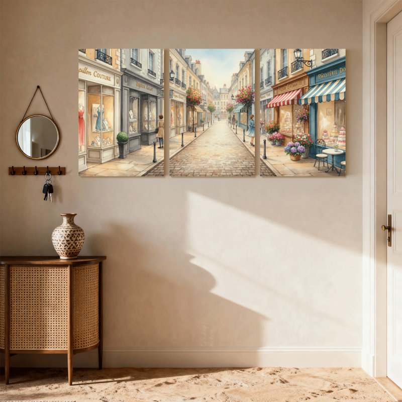 Ensemble de 3 impressions sur toile, scène de rue parisienne avec boutiques et fleurs, H 18 po x l 36 po