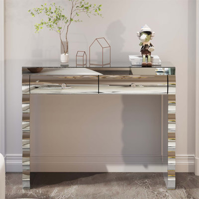 Elegant Silver Mirror Console Table With 2 Drawers, Curved Design For Hall And Living Room Decor