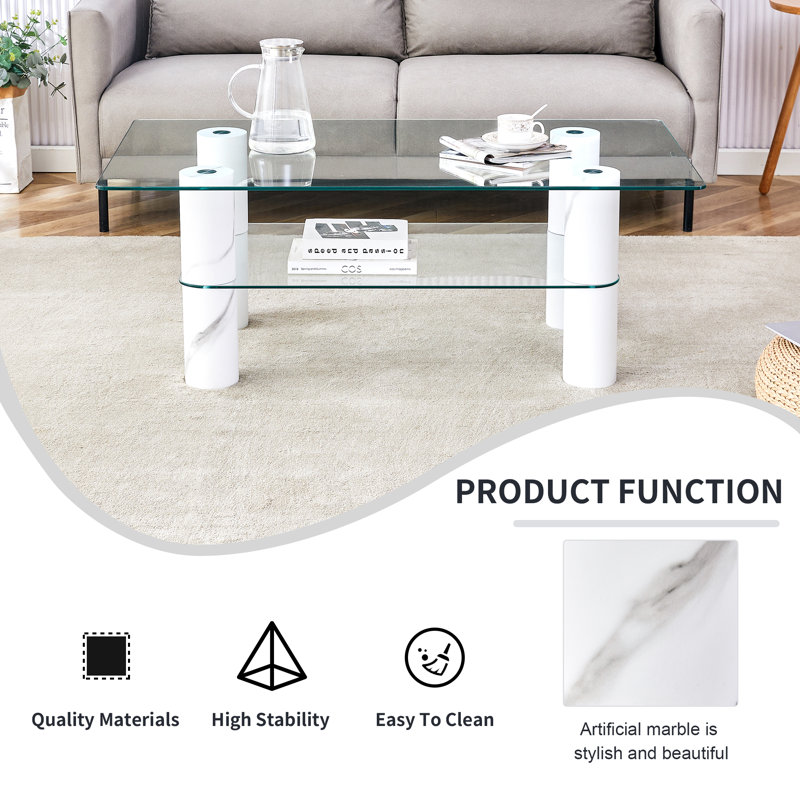 Modern minimalist double layered transparent tempered glass coffee table and coffee table, paired with white MDF decorative columns. Computer desk. Game table.