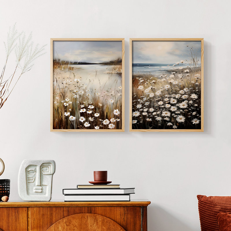 Rétro, impression florale et giclée sur fond vintage - Ensemble de 2, Naturel, H 12 po x l 30 po