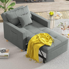 Latitude Run 39 Wide Convertible Chair 3-in-1 Pull Out Sleeper Futon Chair Beds with USB Latitude Run Fabric: Navy Blue 100% Linen