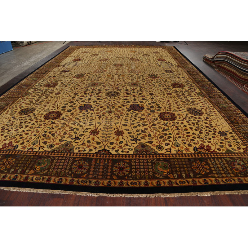 Tapis brun en laine noué à la main de conception unique 12 pi 3 po x 18 pi 8 po New Age