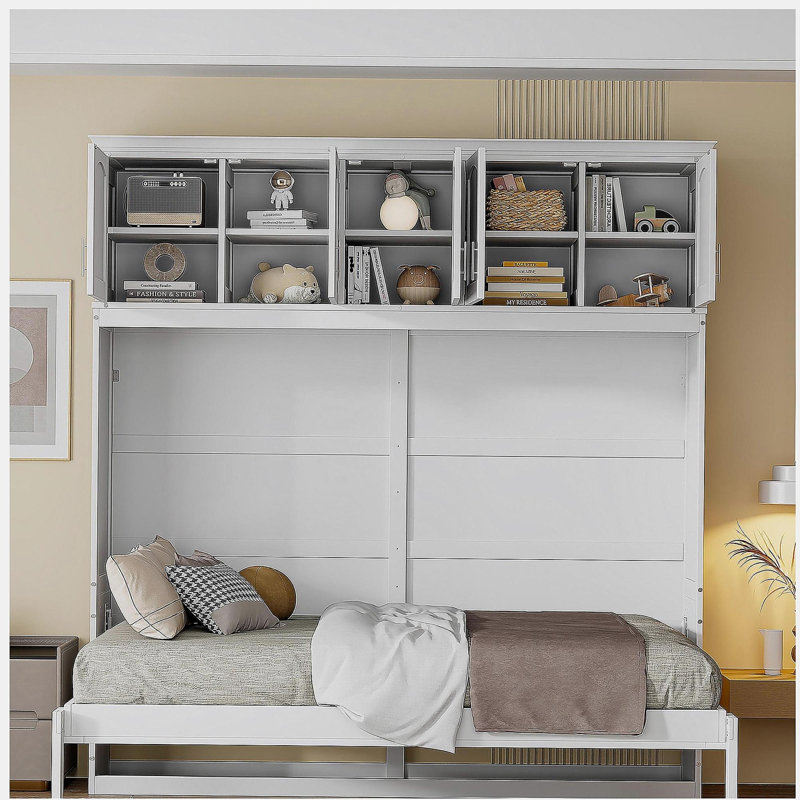 Lit double mural avec armoire supérieure, blanc, Blanc