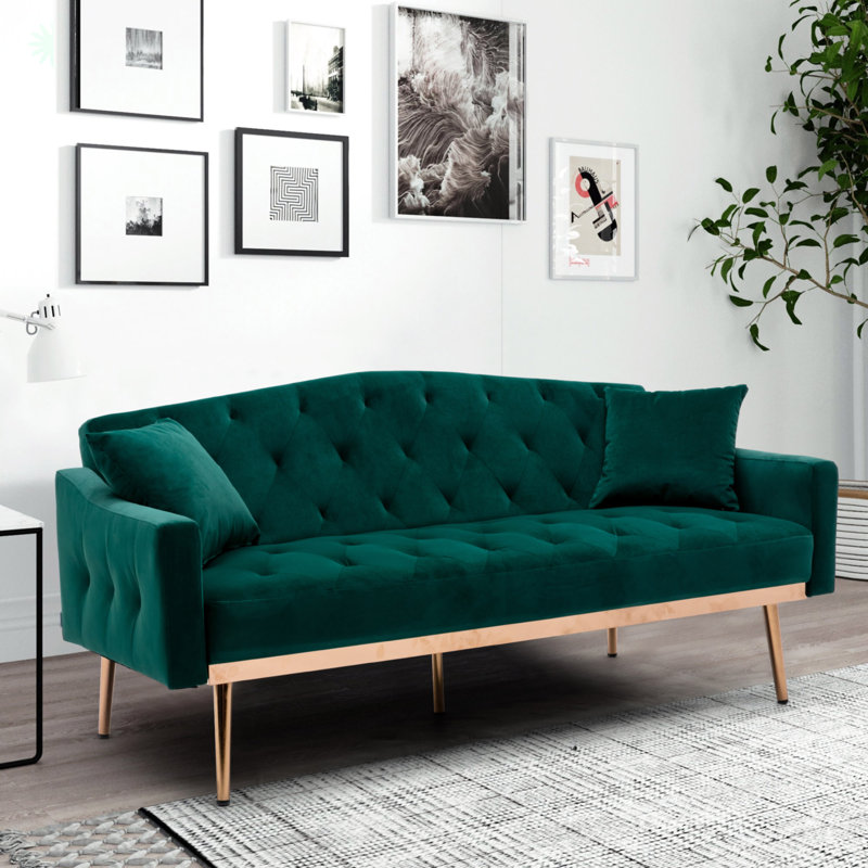 Canapé-lit en velours à accoudoirs encastrés 65,3 po Druv, Velours vert foncé, H 30,7 po x l 65,3 po x P 32,2 po