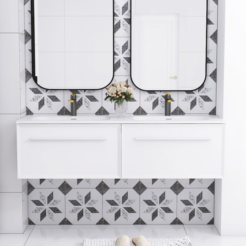 60 in. White Double Sink Wall-Mounted Bath Vanity with Solid Surface Top